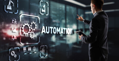 Wall Mural - man clicks on 3d virtual screen automation. optimization of business and production processes
