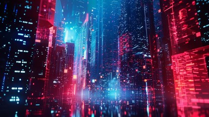 Wall Mural - A futuristic cityscape illuminated with vibrant neon lights in red and blue hues.