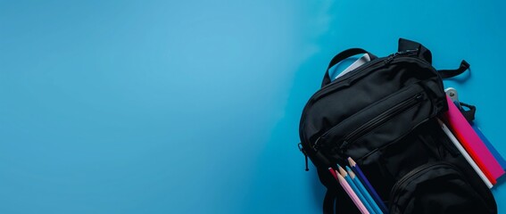 A backpack with school supplies laid out on a blue background, offering space for text on the left side. Suitable for school promotions or web banners.
