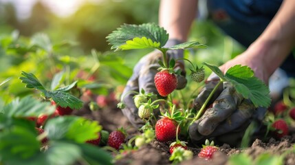 Canvas Print - Hands picking ripe strawberries in a garden. Perfect for agricultural and fresh produce themes.