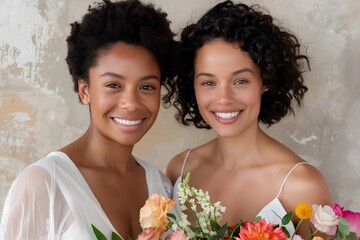 Wall Mural -  A portrait of two women, one with short curly hair and the other long straight black curls smiling at camera holding flowers in hand, both wearing white dresses, standing against light grey wall