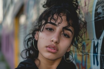 Young woman posing with serious expression in front of graffiti wall