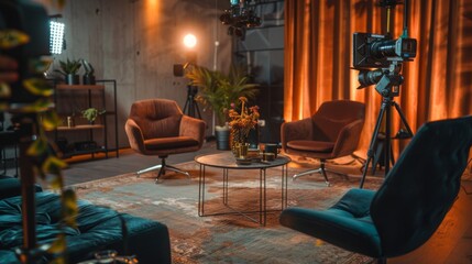 A studio set up with a camera on a tripod, two chairs, and a small table in the middle of the room. The background features a wall with an orange curtain and a large light fixture.