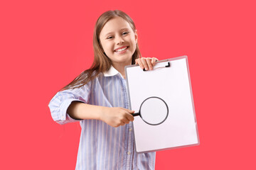 Poster - Little girl with magnifier and clipboard on red background