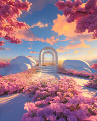 Canvas Print - Surreal Archway in a Pink Flower Landscape