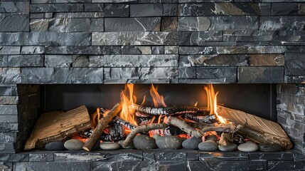 Wall Mural - A detailed shot of a rustic fireplace made from stacked slate rocks, with visible natural variations and cracks