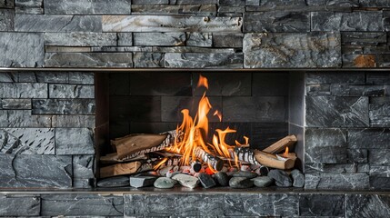 Wall Mural - A detailed shot of a rustic fireplace made from stacked slate rocks, with visible natural variations and cracks