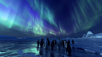 Canvas Print - Penguins under the aurora borealis