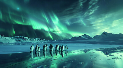 Canvas Print - Penguins under the Northern Lights