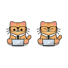 Wall Mural - Cute orange cat with tie and glasses working on a laptop cartoon, vector illustration