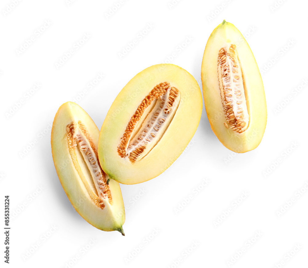 Pieces of sweet melon on white background