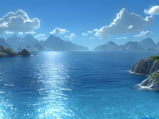 Wall Mural - A stunning landscape of a serene blue ocean with distant mountains