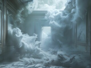 Poster - Surreal interior scene with clouds filling a grand room, creating a dreamlike atmosphere.