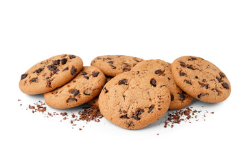 Wall Mural - Heap of tasty cookies with chocolate chips on white background