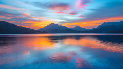 Wall Mural - A beautiful sunset over a lake with a reflection of the sky in the water