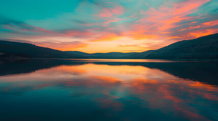 Wall Mural - A beautiful sunset over a lake with a reflection of the sky in the water