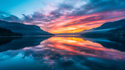 Wall Mural - A beautiful sunset over a lake with a reflection of the sky in the water