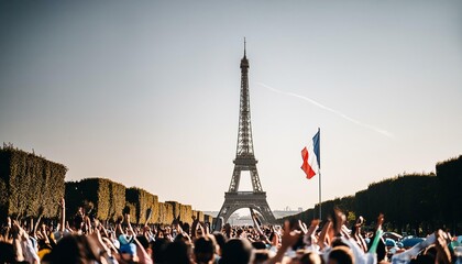 Audience celebrating victory at the Eiffel Tower in Paris, France, illustration for the 2024 Summer Olympics imagined by generative AI - not the actual event