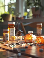Aufkleber - Prescription pill bottles lie open on a table, with various pills scattered around. Generative AI