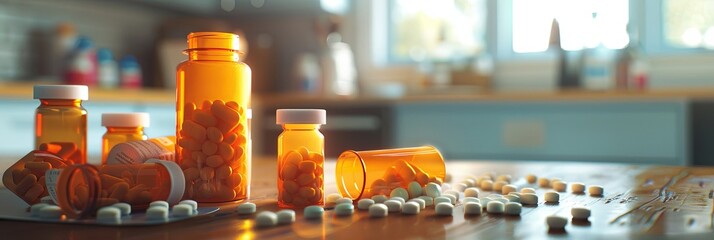 Aufkleber - A close-up image showing several open prescription pill bottles with various pills scattered on a kitchen countertop. Generative AI