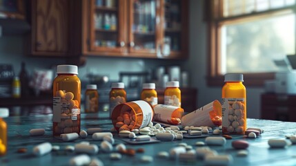 Aufkleber - A close-up shot of scattered prescription pill bottles with their caps open and pills on a table. A blurred background suggests a home or pharmacy setting. Generative AI
