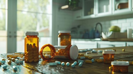 Aufkleber - Open prescription bottles with spilled pills on a kitchen counter. Generative AI