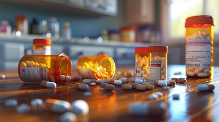Aufkleber - A close-up shot of prescription pill bottles with open lids and scattered pills on a wooden table. The background suggests a home or pharmacy setting. Generative AI