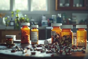 Leinwandbilder - A close-up image of several open prescription pill bottles with pills scattered on a table, suggesting a home setting. Generative AI