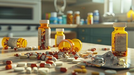 Wall Mural - An image of spilled prescription pill bottles and various pills on a kitchen countertop. Generative AI