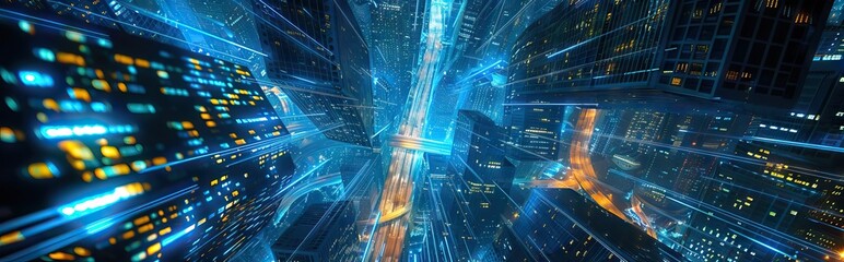 Wall Mural - Futuristic city, skyscraper, with wavelengths, abstract color lines, night scene, bright ambience, intricate lights, smart city concept. Digital illustration, mixed media. AI generated illustration