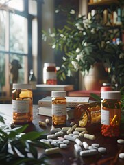 Fototapete - Open prescription bottles with pills scattered on a table. A home or pharmacy setting is subtly hinted in the background. Generative AI