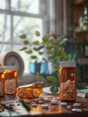 Aufkleber - Close-up of open prescription pill bottles with scattered pills on a table, set in a home or pharmacy. Generative AI