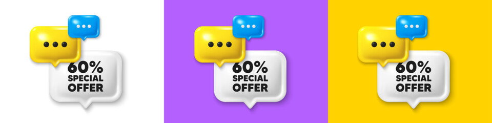 Chat speech bubble 3d icons. 60 percent discount offer tag. Sale price promo sign. Special offer symbol. Discount chat text box. Speech bubble banner. Offer box balloon. Vector