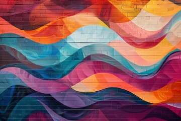 Wall Mural - AI-generated illustration of a colorful abstract mural on a wall featuring vibrant wave patterns