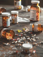 Poster - An image of open prescription pill bottles and scattered pills on a table. Generative AI