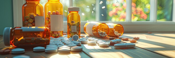Poster - Picture of opened prescription pill bottles on wood table with pills scattered. Bottles are amber-colored with white labels and various colored meds. Generative AI
