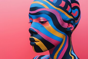Wall Mural - ai generated illustration of a person with vibrant, abstract face paint against a pink background