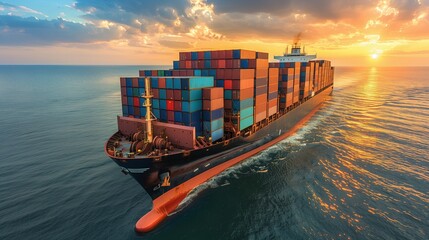 Aerial drone ultra wide panoramic photo of huge container tanker ship carrying truck size colourful containers in open ocean deep blue sea at sunset