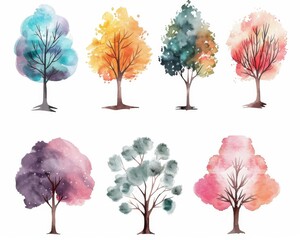 Wall Mural - Watercolor trees on white backgrounds, hand painted, tree illustrators