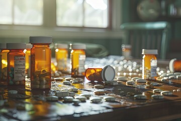 Aufkleber - Prescription pill bottles with open caps and scattered pills on a wooden table. Generative AI