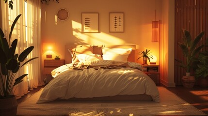 Wall Mural - Luxurious Hotel Bedroom: Modern Sunlit Interior, Minimalist Decor, Cozy Aesthetic