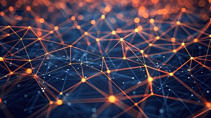 Sticker - Abstract Digital Network Grid% orange nodes connecting lines on a dark blue background