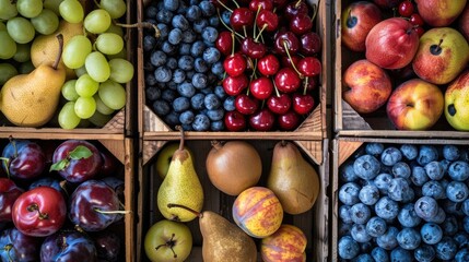 Wall Mural - Colorful assortment of fresh fruits in wooden crates, pears, plums, cherries, and blueberries