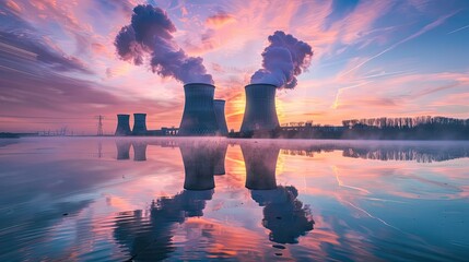 Wall Mural - Nuclear power plant at dawn, four cooling towers emitting steam reflected in water