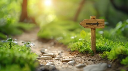 Scenic forest pathway with a wooden directional sign, bathed in warm sunlight. Serene nature trail ideal for walks and exploration.