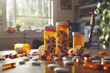 Aufkleber - Multiple prescription pill bottles sit on a wooden table, with caps open and pills scattered around. Generative AI