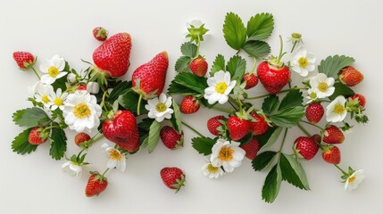 Wall Mural - Strawberry Floral Arrangement% Clusters of strawberries and white flowers with green leaves on a white background