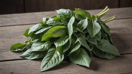 Wall Mural - Fresh Green Spinach Leaves on Rustic Wooden Table