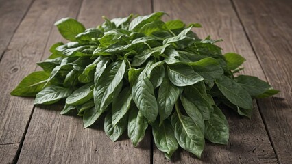 Wall Mural - Fresh Green Spinach Leaves on Rustic Wooden Table