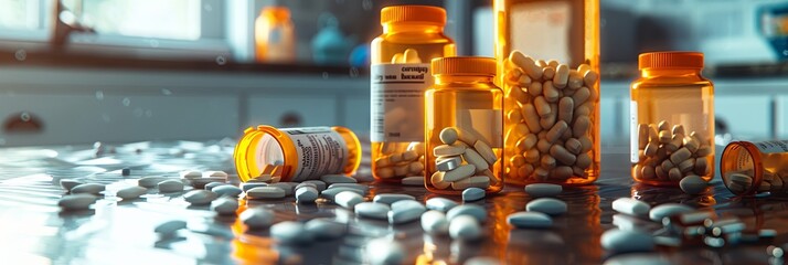 Aufkleber - An image of several prescription pill bottles with their caps open and various pills scattered around on a table in a home setting. Generative AI